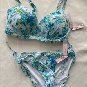Floral Bikini Set with Blue and Green Accents. Top Sz: 36D.